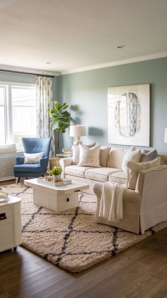Modern Coastal Farmhouse Living Room with soft blue walls, a plush high-pile diamond patterned rug, a beige sofa, and a traditional white paneled coffee table.