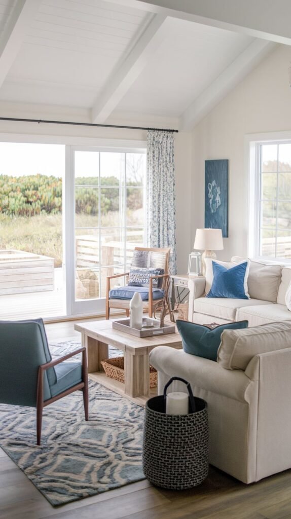 Modern Coastal Farmhouse Living Room featuring a vaulted plank ceiling, sliding glass doors, and a light wood coffee table over a modern blue patterned rug.