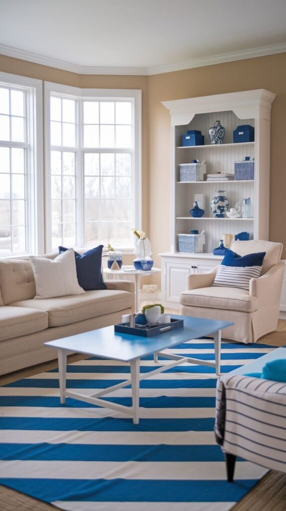 Modern Coastal Farmhouse Living Room featuring a bright bay window, a built-in display hutch, and a bold blue and white striped area rug.