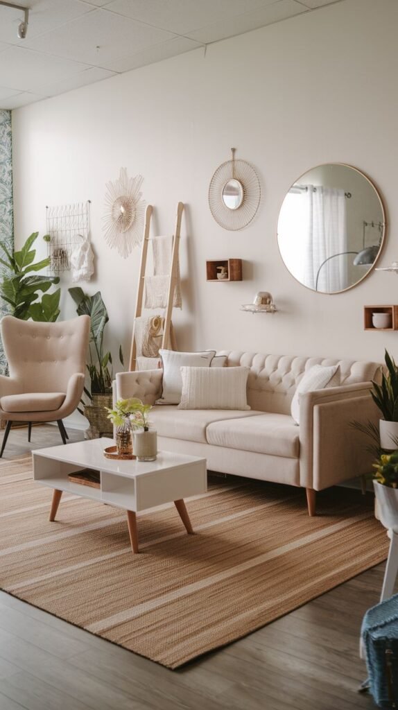 Modern Coastal Farmhouse Living Room featuring minimalist neutral tufted furniture, abundant greenery, macrame wall hangings, and a striped natural fiber rug.