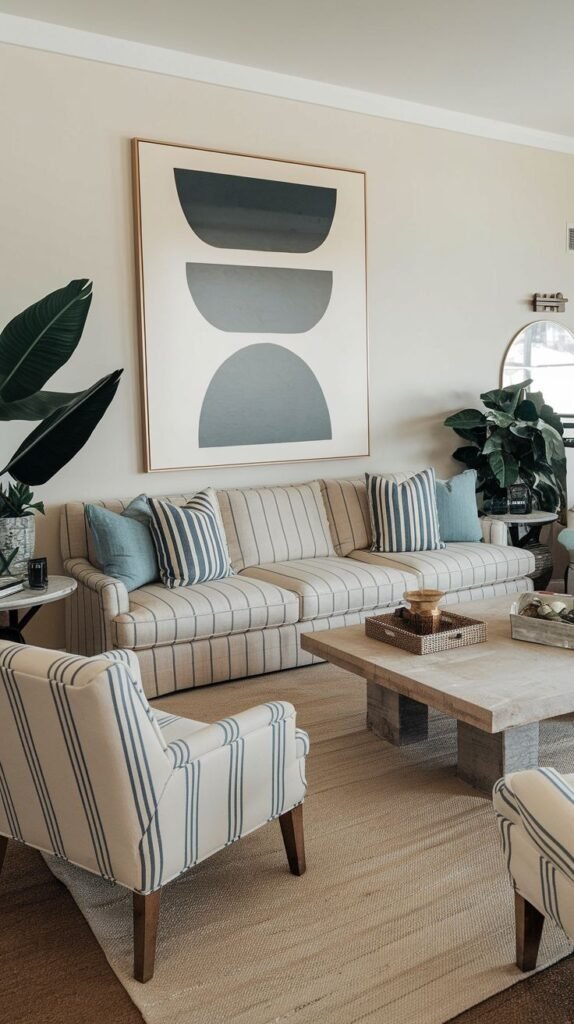 Modern Coastal Farmhouse Living Room with subtle blue striped seating upholstery, a large abstract geometric wall hanging, and a square raw stone coffee table.