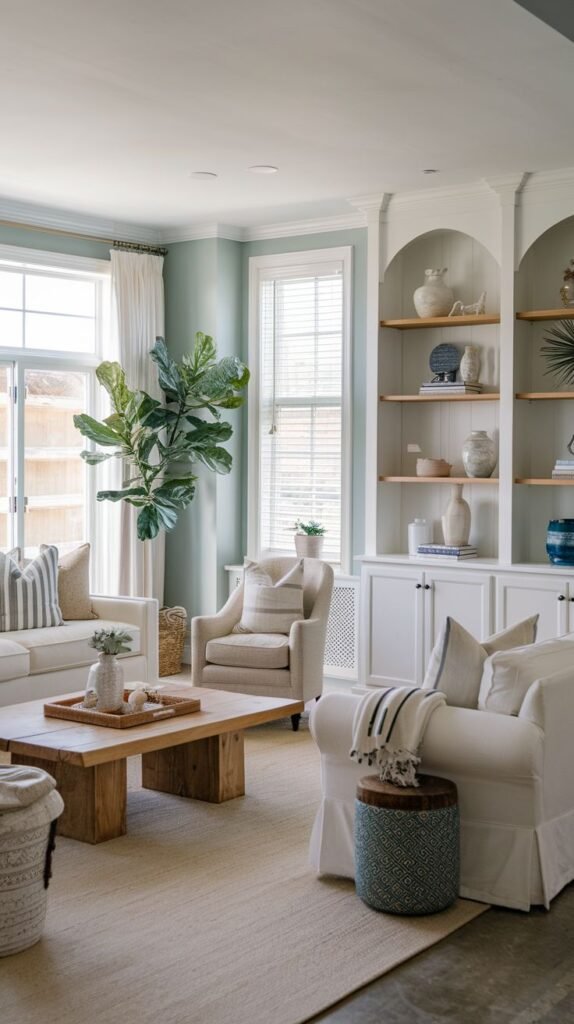 Modern Coastal Farmhouse Living Room featuring pale aqua walls, arched white built-in shelves with natural wood backing, and a substantial block wood coffee table.