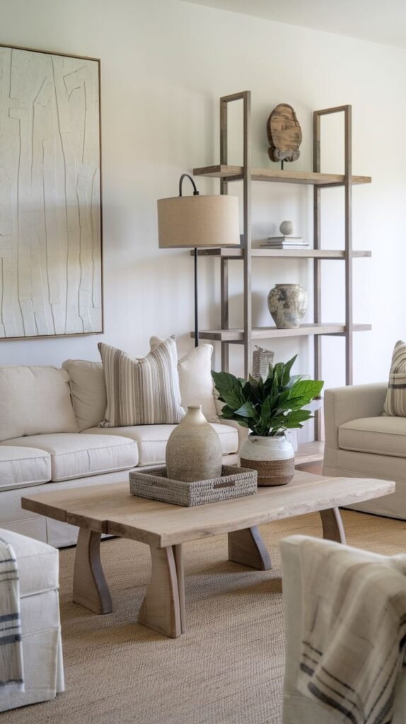 Modern Coastal Farmhouse Living Room focused on textural minimalism, featuring a wide plank wood coffee table and a tall open metal and wood shelving unit.