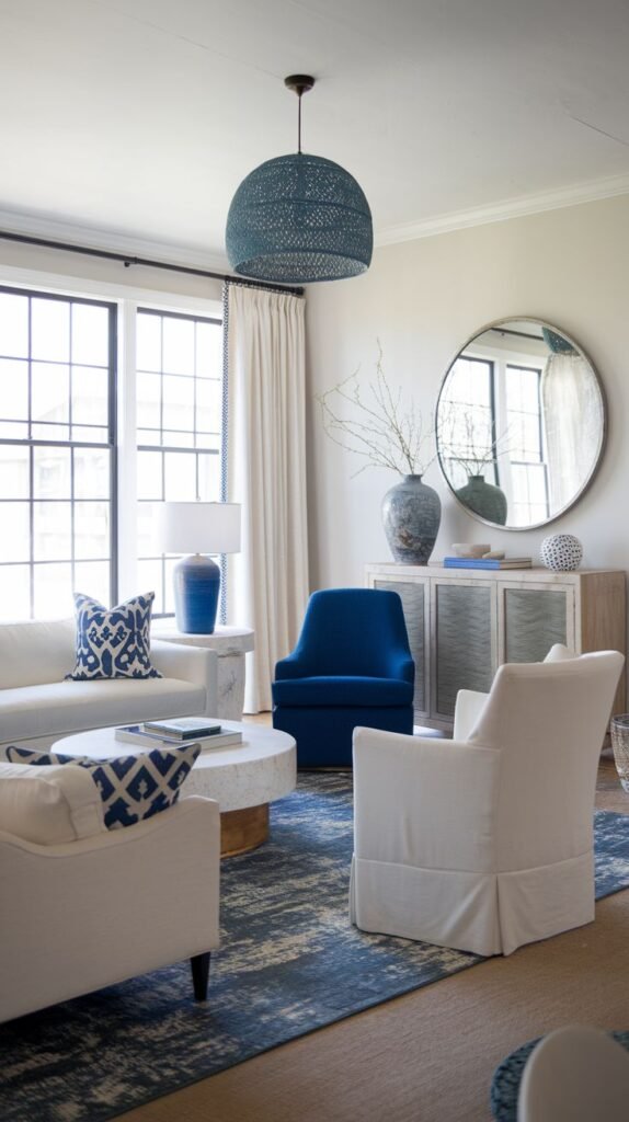 Modern Coastal Farmhouse Living Room featuring a central large blue woven geometric pendant light, white seating, and a bold blue velvet armchair over a distressed blue rug.