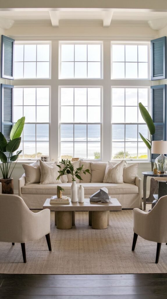 Modern Coastal Farmhouse Living Room featuring a neutral color palette, dark wood floors, blue exterior shutters, a coffered ceiling, and large grid windows overlooking the ocean.
