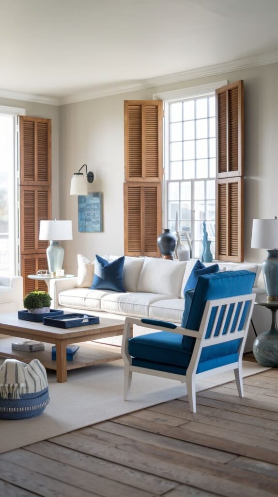 Modern Coastal Farmhouse Living Room with distressed wide-plank wood floors, natural wood slatted shutters, a white sofa, and a striking blue velvet armchair.