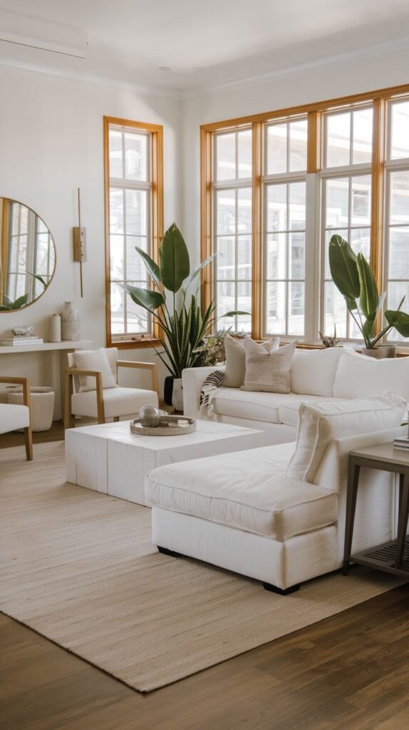 Modern Coastal Farmhouse Living Room with an all-white contemporary sectional, natural wood trim around large grid windows, and large potted tropical plants.