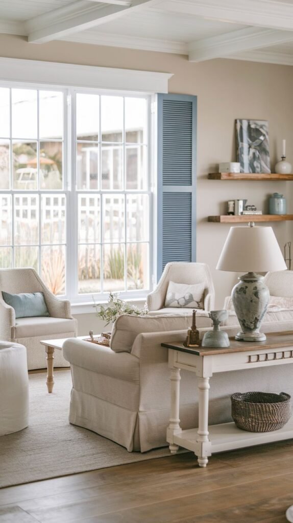 Modern Coastal Farmhouse Living Room showing a slipcovered sofa, a white farmhouse console table, and a single blue slatted shutter accent next to a large window.