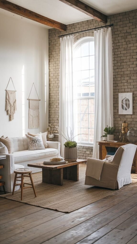 Modern Coastal Farmhouse Living Room with industrial exposed brick and dark rustic wood beams, featuring a white sofa, sheer curtains on an arched window, and a raw wood coffee table.
