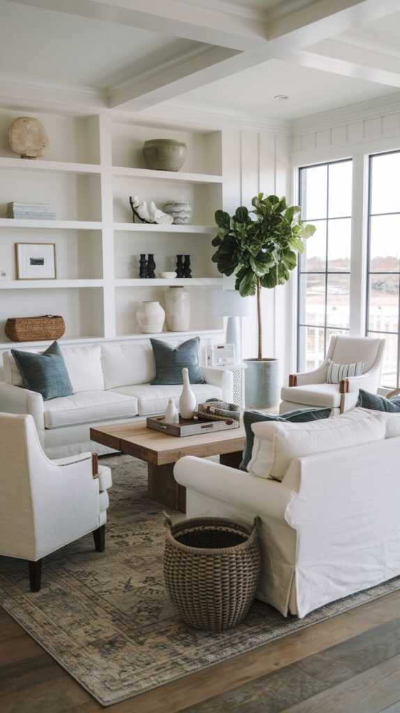 Modern Coastal Farmhouse Living Room with extensive white built-in shelving displaying curated coastal decor, a fiddle leaf fig, and neutral slipcovered furniture.