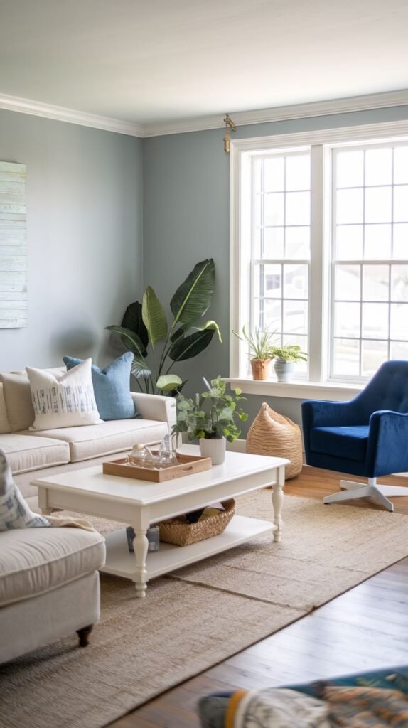 Modern Coastal Farmhouse Living Room with soft blue walls, a traditional white coffee table with turned legs, and a pop of color from a royal blue velvet swivel chair.