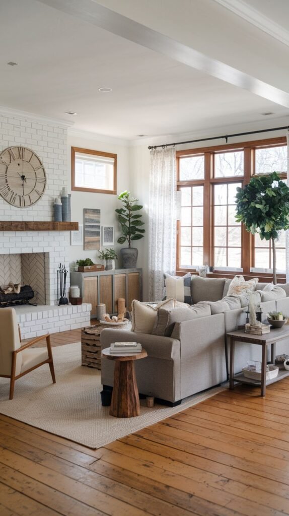 Modern Coastal Farmhouse Living Room with a rustic fireplace wall, white brick, wood mantel, and an oversized decorative farmhouse wall clock.