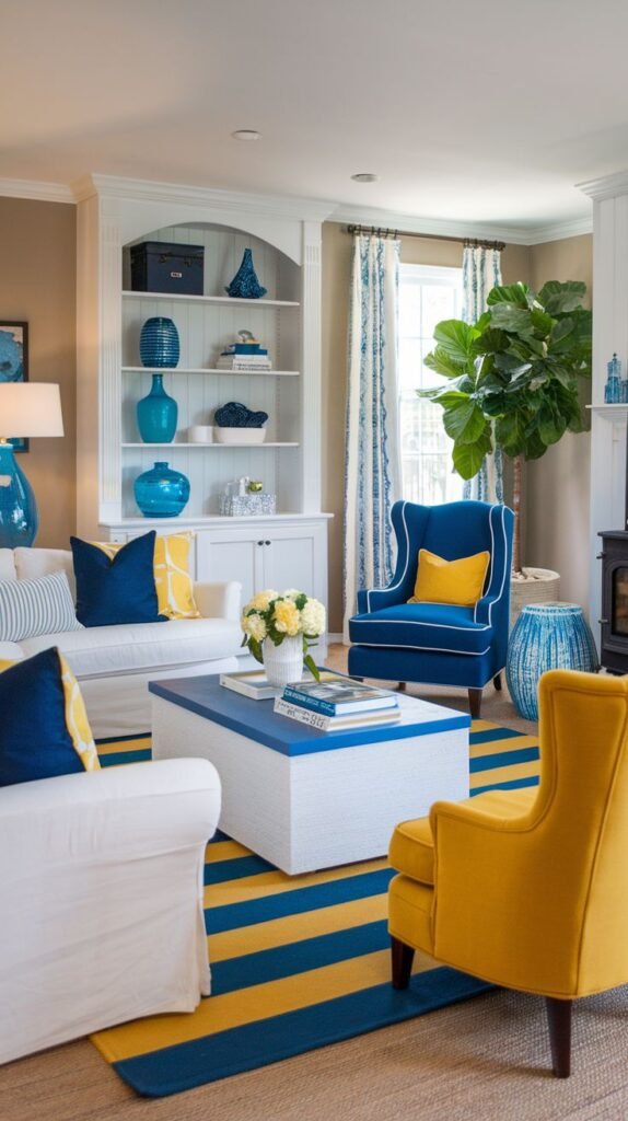 Modern Coastal Farmhouse Living Room with a high-energy nautical theme, featuring a yellow and navy blue striped rug and a white coffee table with a blue top.