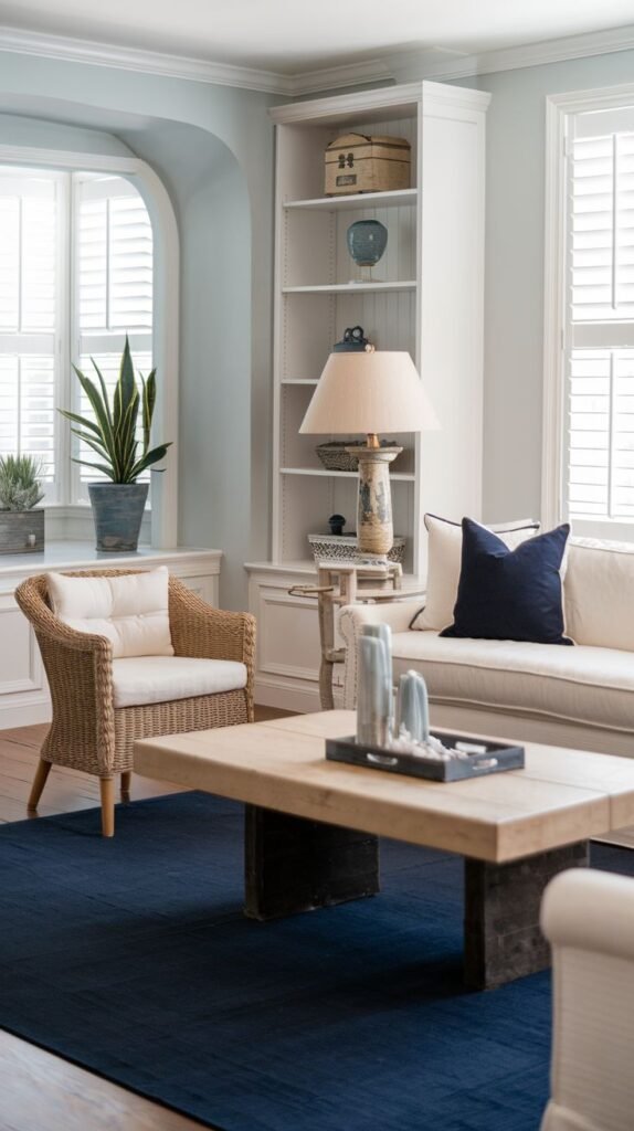 Modern Coastal Farmhouse Living Room anchored by a deep navy area rug and featuring a rustic industrial coffee table and a natural rattan armchair.