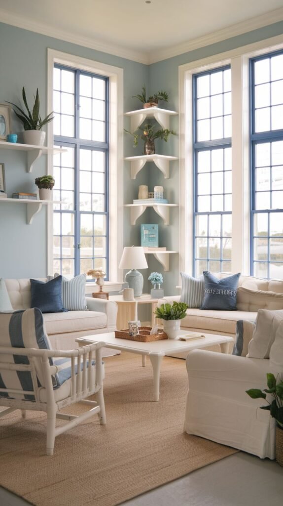 Modern Coastal Farmhouse Living Room featuring soaring windows with dark blue frames, light blue walls, and white floating corner shelves.