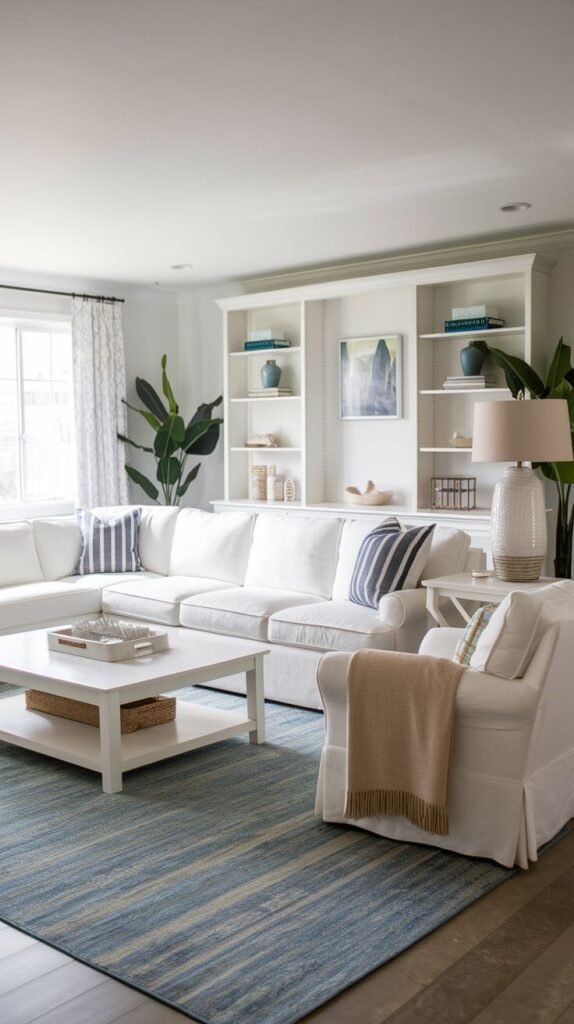 Modern Coastal Farmhouse Living Room showcasing a large white sectional sofa, white built-in shelving, and a patterned blue and beige diagonal striped area rug.
