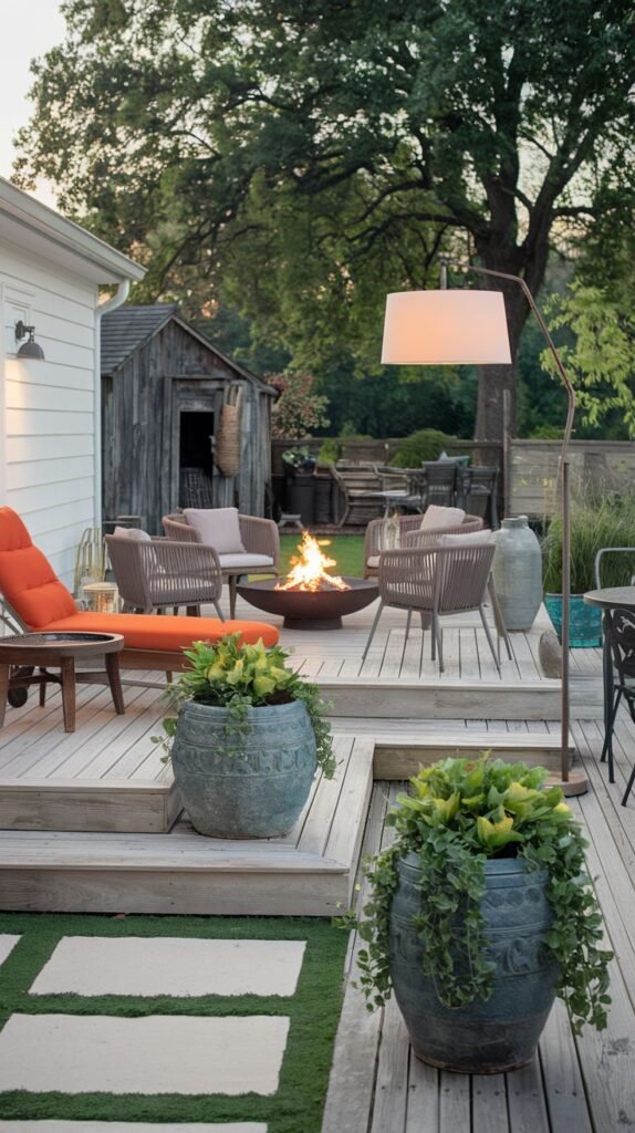 Multi-level wooden deck featuring a metal fire bowl surrounded by woven armchairs and an orange-cushioned chaise lounge. Two large, textured blue/green planters overflow with greenery on the deck levels. A tall, modern floor lamp stands near the seating, with a small shed visible in the background.