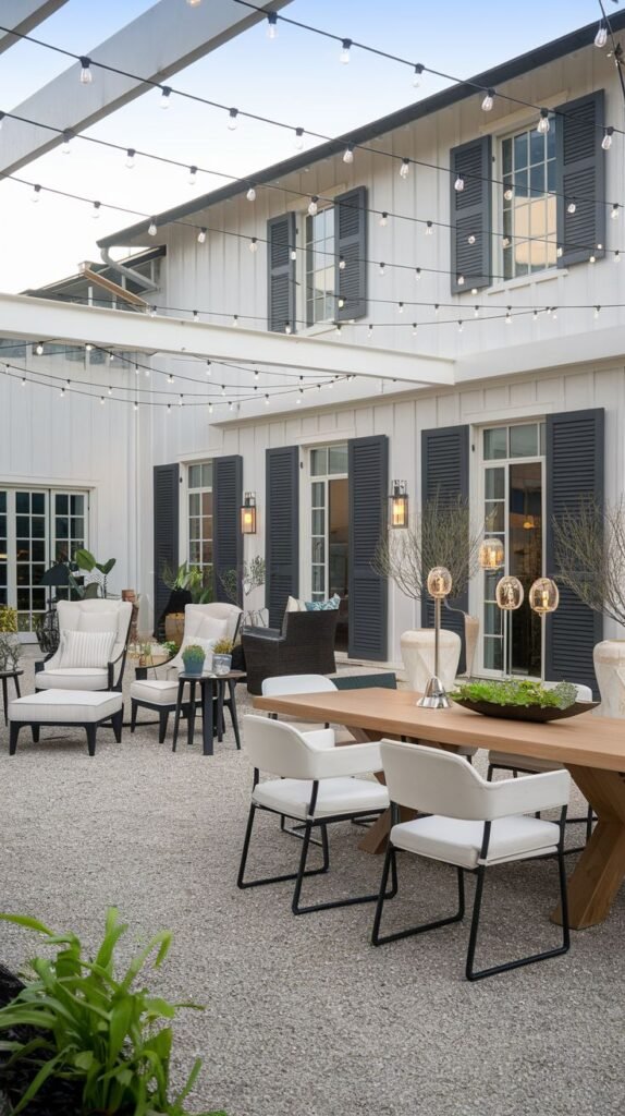 Large gravel patio adjacent to a white farmhouse with dark shutters. The patio is used for dining, with a large wooden table and modern white chairs, and a separate lounge area. Overhead string lights are supported by a pergola structure, and outdoor lamps rest on urn planters.