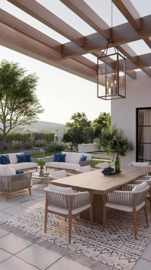 Covered outdoor patio with large exposed wooden beams overhead. The floor is tiled, and a patterned rug partially defines the dining space with a wooden table and woven chairs. A large, metal-framed lantern chandelier hangs above the dining table.