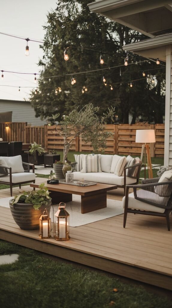 Low wooden deck lounge area featuring a sofa and armchairs with neutral and striped cushions, resting on a white outdoor rug. A tall wooden tripod floor lamp and decorative lanterns provide light. String lights hang across the space above.
