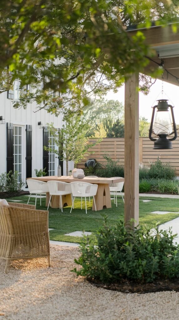 Outdoor dining setting located directly on a green lawn, bordered by gravel and low plantings. A rustic wooden dining table and white woven chairs sit beneath a wooden beam from which a large, black metal farmhouse lantern hangs.