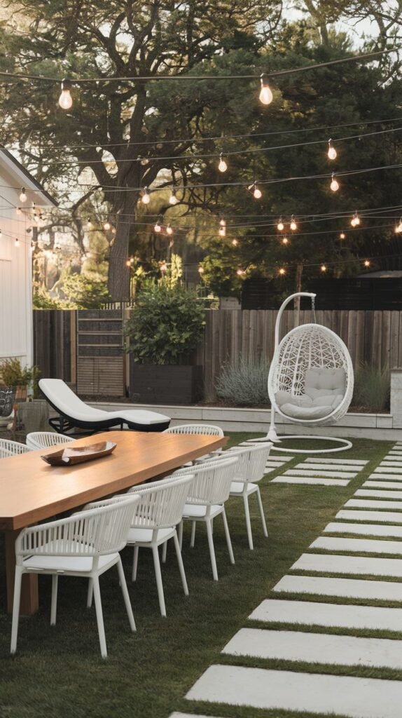 Backyard scene featuring a path of rectangular concrete stepping stones laid across a lawn. A long wooden dining table with white woven chairs runs parallel to the path. A freestanding white woven egg swing chair is visible near the wooden fence, with string lights overhead.
