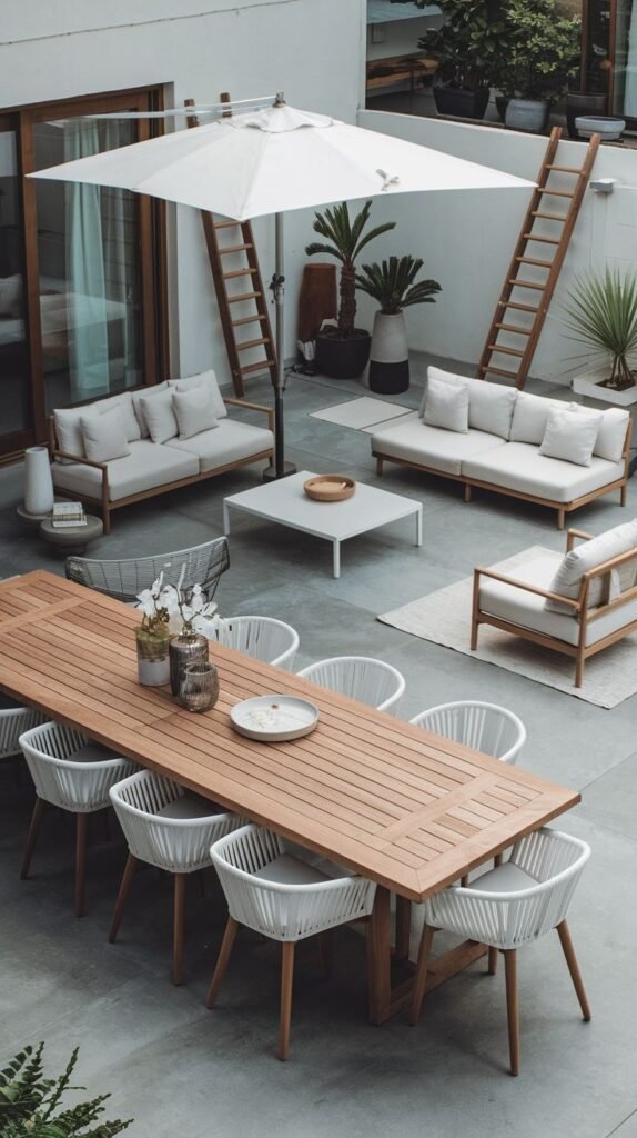 Overhead view of a modern courtyard with concrete flooring. The space features a slatted wooden dining table and white woven chairs shaded by a large square white umbrella. Lounge furniture with wooden frames and white cushions is also visible, along with decorative wooden ladders leaning against the walls.