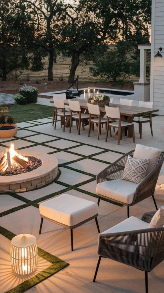 Illuminated patio scene at dusk composed of large concrete square pavers segmented by turf or grass strips. Woven armchairs and ottomans with white cushions surround a circular, built-in stone fire pit in the foreground, while a long wooden dining table sits in the middle ground.