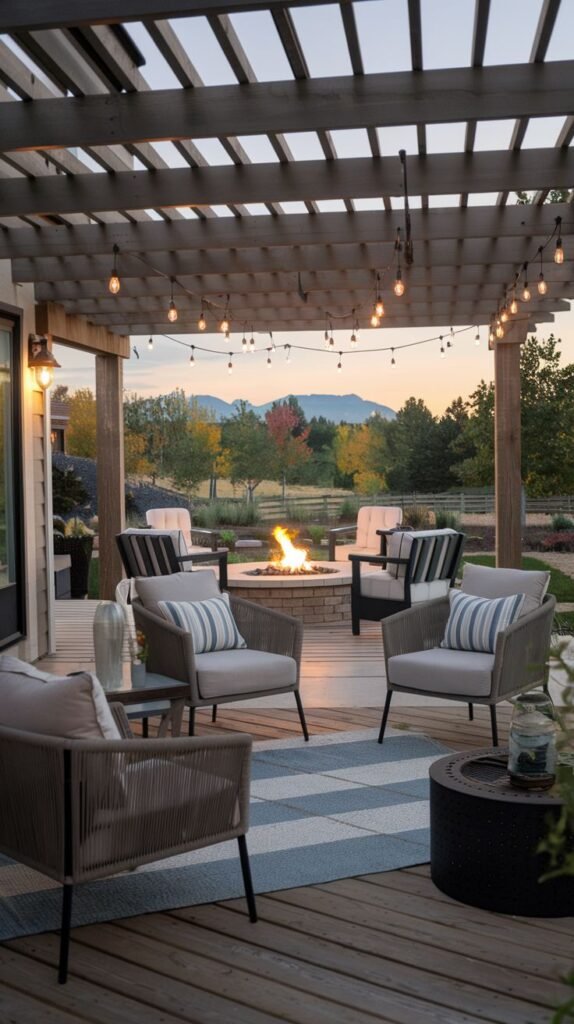 Wooden deck sheltered by a wooden slatted pergola, overlooking a view of mountains and trees. The lounge area features gray woven chairs with striped blue and white cushions, gathered around a circular stone fire pit. String lights are woven through the pergola beams.
