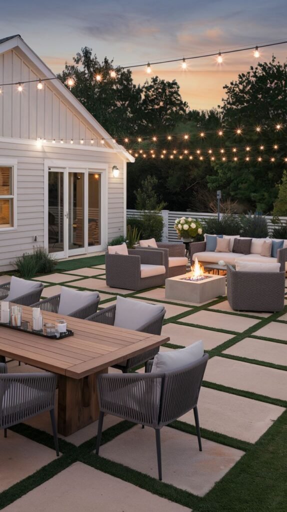 Evening view of a backyard featuring a patio composed of large square concrete pavers separated by grass inserts. A wooden dining table with gray woven chairs sits in the foreground. A lounge area with a square fire pit table is visible nearer the white farmhouse exterior.