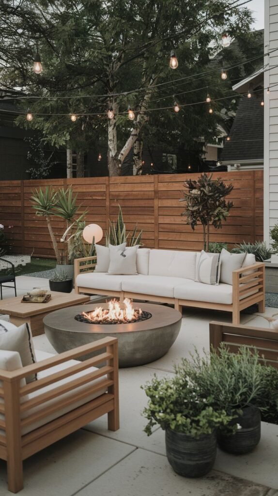 Smooth concrete patio backed by a slatted horizontal wooden privacy fence. The space is a lounge area featuring wooden-framed seating with white cushions, clustered around a large, round concrete fire bowl. Potted greenery surrounds the seating.