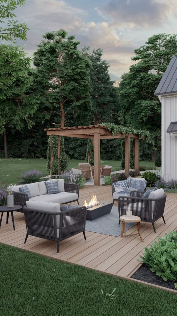 Expansive backyard featuring an elevated wooden deck with a modern lounge grouping centered on a rectangular fire pit. Further away in the lawn, a freestanding wooden pergola structure is visible against a backdrop of mature trees.