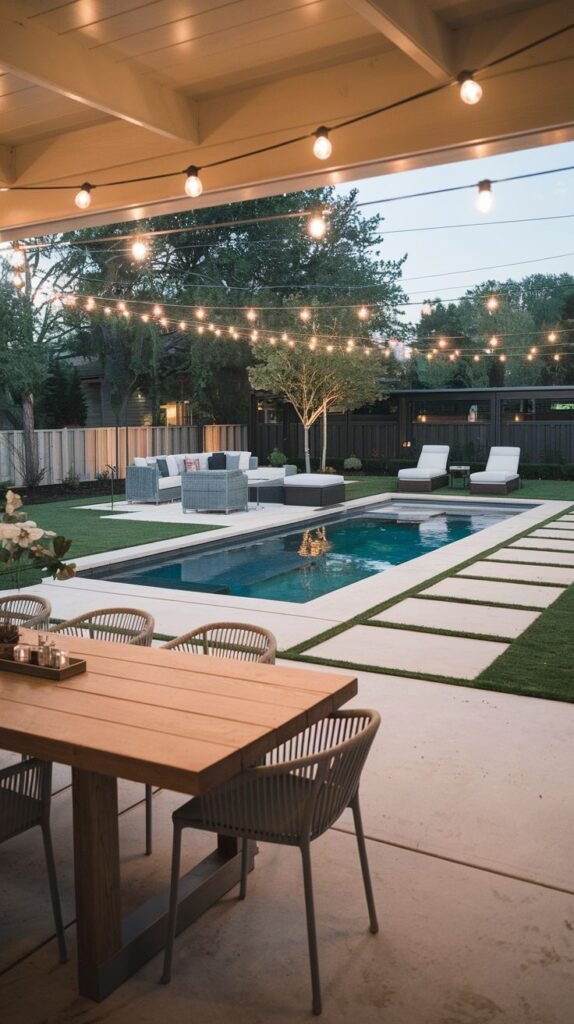 View from a covered patio over a backyard featuring a rectangular swimming pool. The pool is flanked by large square concrete pavers set in the lawn. A wooden dining table and modern woven chairs are on the patio, and string lights stretch across the yard.
