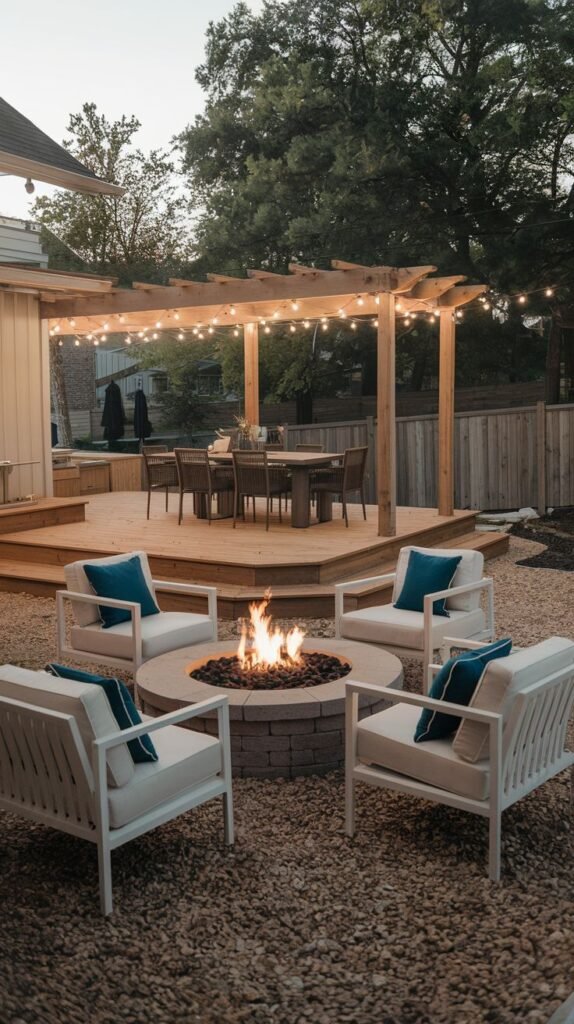Backyard design featuring a lower area covered in pea gravel containing a stone fire pit surrounded by four white slatted chairs with blue pillows. This area connects to a raised wooden deck platform which hosts a dining set beneath a wooden pergola draped with string lights.