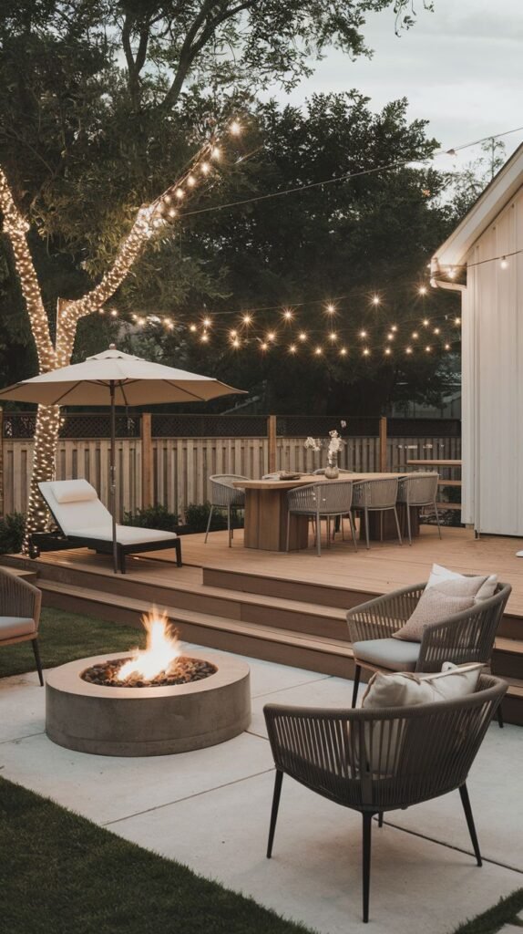 Tiered wooden deck at dusk, with the upper level holding a dining set and a chaise lounge with a beige umbrella. The lower area features a circular concrete fire pit. Strings of lights are visible across the yard, including lights wrapped around a large tree trunk.