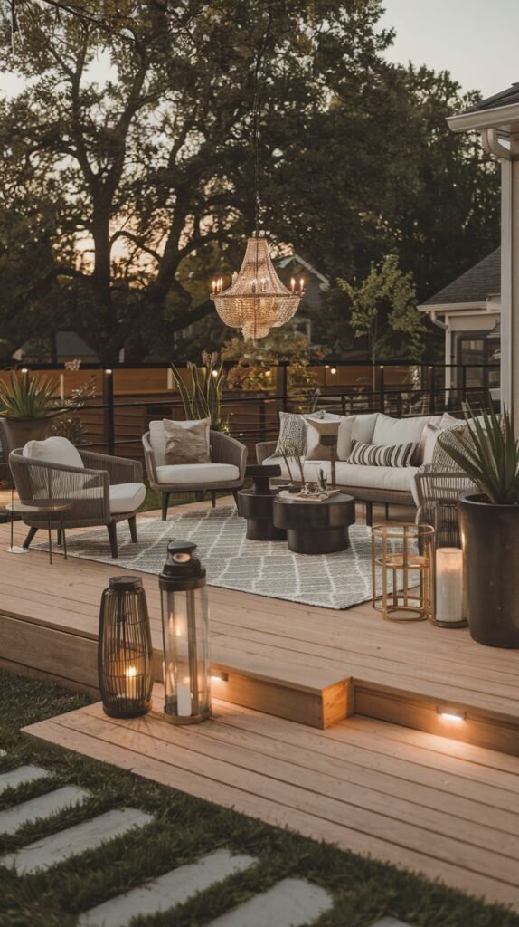 Luxurious lounge area set on an elevated wooden deck, featuring a geometric outdoor rug, modern seating, and a prominent hanging crystal chandelier. The deck steps leading away from the seating area include integrated step lighting, flanked by large lanterns.