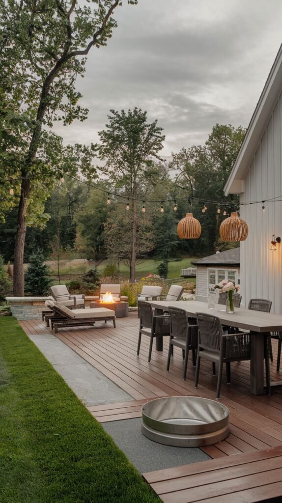 Wooden deck extending from a white farmhouse with white siding. The deck features a long dining table with gray woven chairs, illuminated by two natural wood pendant lights. A galvanized metal stock tank is set into the deck near the lawn.