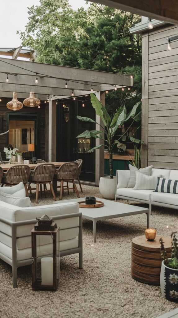 Courtyard area floored with light pea gravel, enclosed by natural wood structures. The space features white modern seating (sofas and chairs) and a dining area under a pergola. Rattan pendant lights and a large potted banana plant add natural accents.