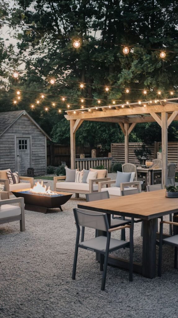 Expansive gravel courtyard space featuring a long, rectangular, low-profile fire pit surrounded by various wooden-framed seating. A rustic wooden shed is visible in the background, along with a pergola covering a dining area. String lights illuminate the space overhead.