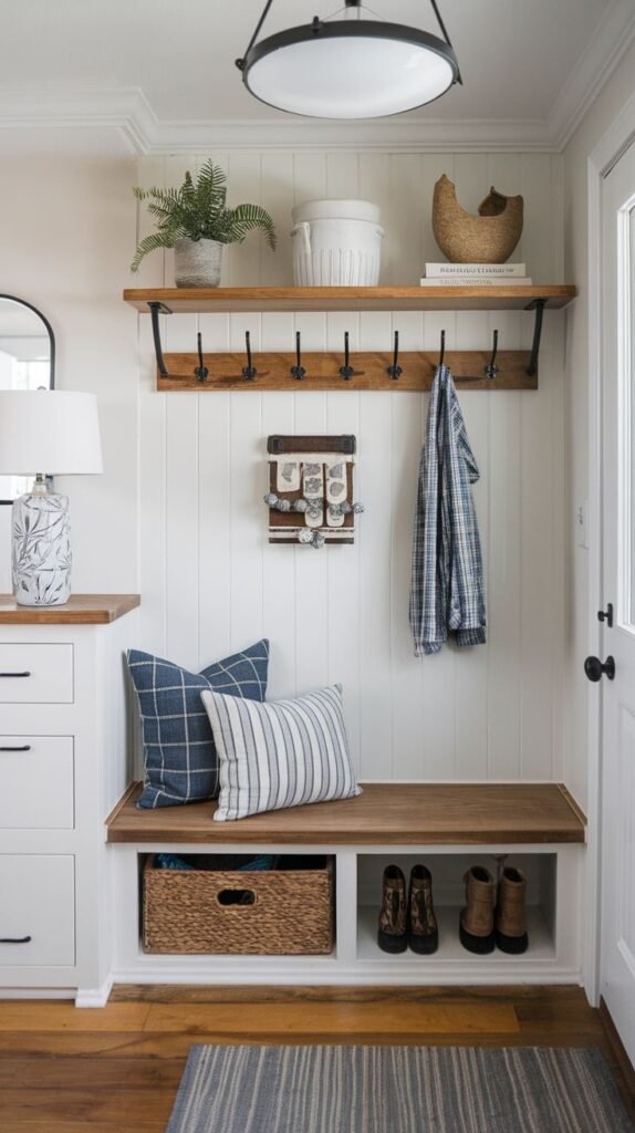 Modern Farmhouse Entryway mudroom storage area featuring white beadboard walls, a built-in wood-topped bench with cubbies for shoes and baskets, hooks, and adjacent white cabinetry.