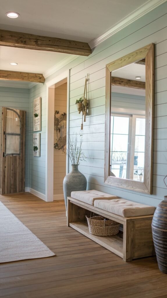 Modern Farmhouse Entryway with a coastal feel, showcasing pale blue shiplap walls, rustic exposed wood beams, a light wood bench with cushions, and a large rectangular wood-framed mirror.