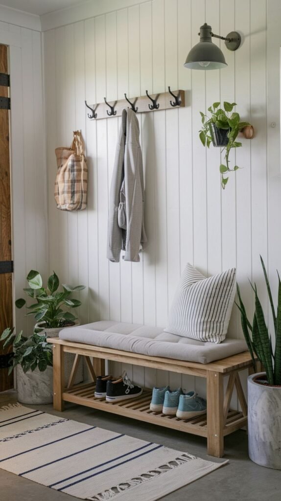 Modern Farmhouse Entryway with white vertical wood paneling, a slatted wood bench with shoe storage, a row of black hooks, and focused lighting from a grey industrial gooseneck wall sconce.