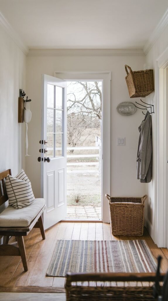 Modern Farmhouse Entryway featuring a bright white multi-paned door opening outward, a simple wood bench with a cushion, woven wall and floor baskets, and a striped runner rug.