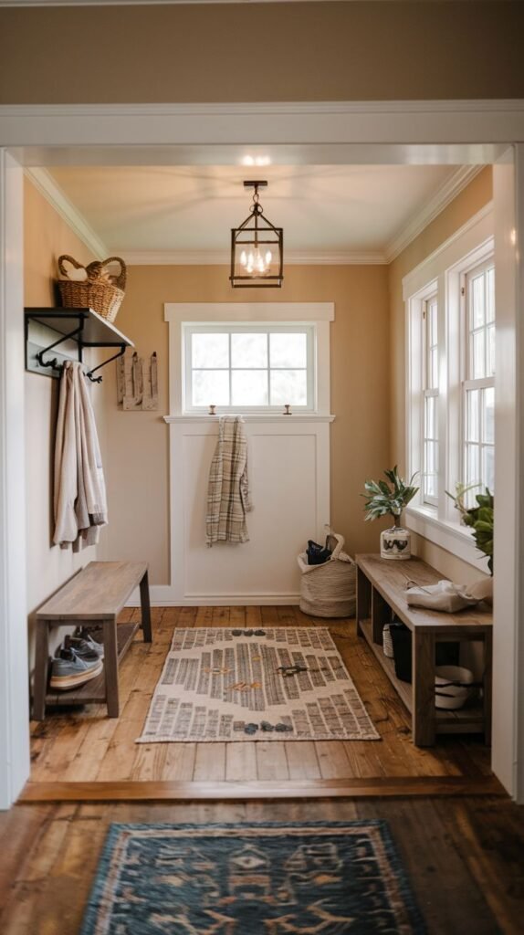 Modern Farmhouse Entryway designed with two parallel wooden benches and seating, featuring tan walls, a central window with white wainscoting, and a black cage light fixture.