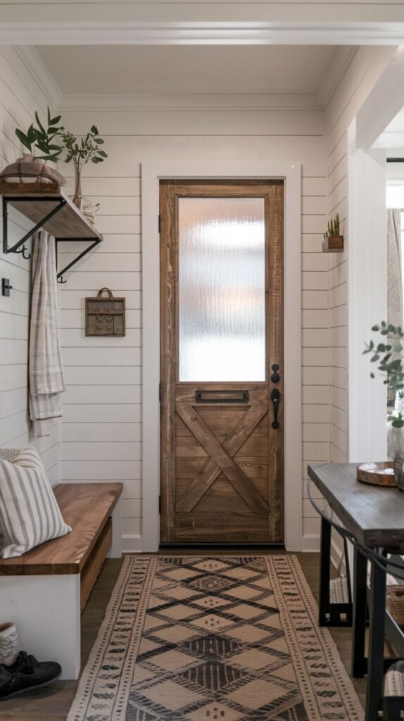 Modern Farmhouse Entryway hallway featuring white shiplap walls, a rustic dark wood barn-style door with frosted glass, a cushioned wood bench, and a long geometric patterned runner rug.