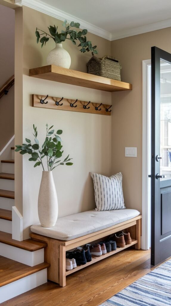 Modern Farmhouse Entryway utilizing space beneath a staircase, featuring a wood bench with specialized built-in shoe cubbies, a floating wood shelf with hooks, and a tall ceramic vase with greenery.