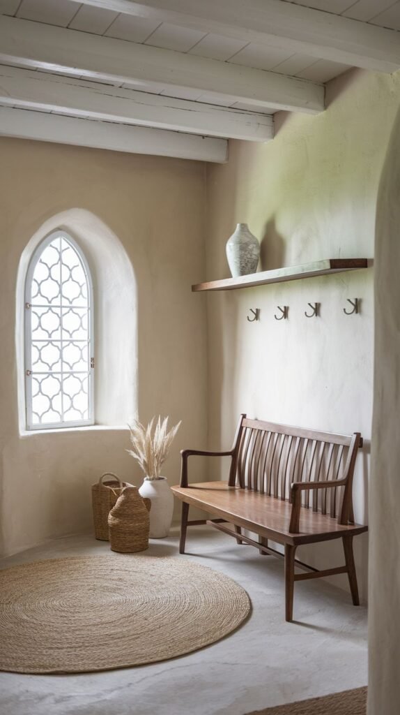 Modern Farmhouse Entryway with a traditional feel, showcasing a unique arched window with tracery, a classic wood bench, a simple floating shelf, and a large round natural jute rug.