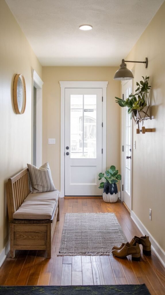 Modern Farmhouse Entryway in a long hallway, featuring a wooden storage bench, a wood shelf with peg hooks, a wall-mounted gooseneck light, and hardwood floors.