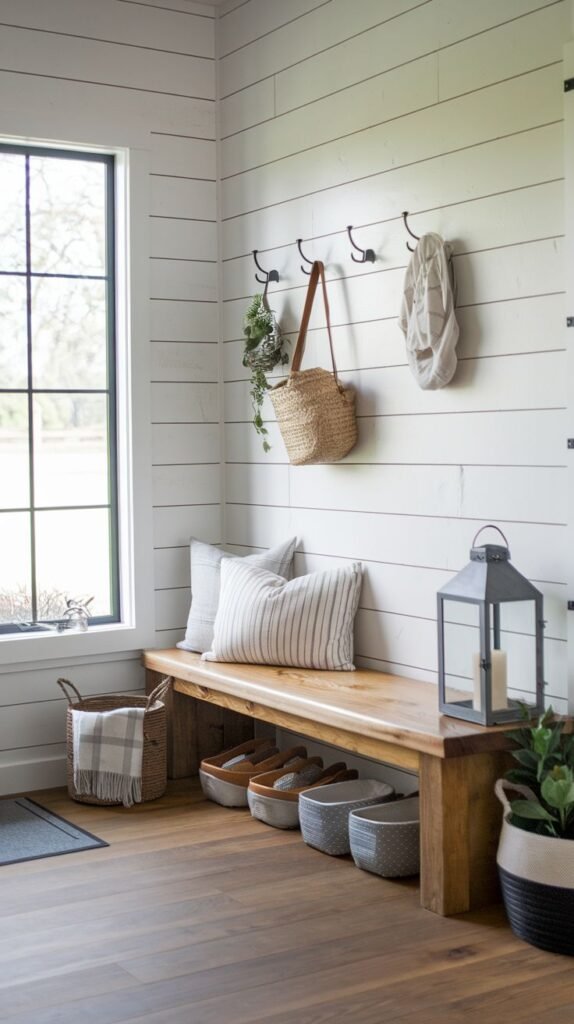 Modern Farmhouse Entryway corner area with white shiplap walls, a large window, a long light wood bench with open shoe storage beneath, coat hooks, and a large black iron lantern.