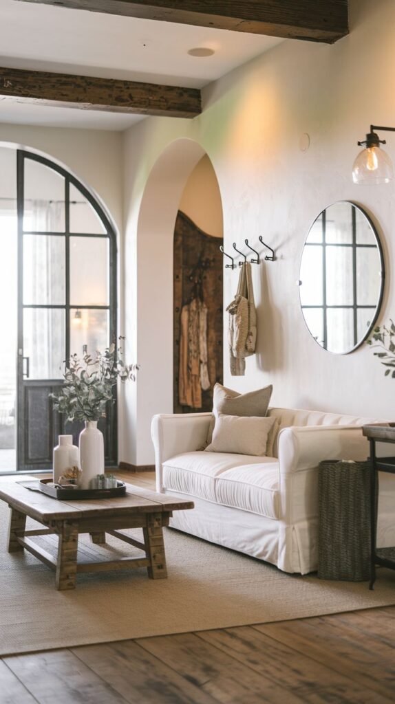 Modern Farmhouse Entryway featuring architectural arches, a white slipcovered sofa, a rustic wood coffee table, a round wall mirror, and exposed wood ceiling beams.